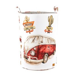 A large, round toy basket with a retro-style Volkswagen bus design. The basket is made of woven material and features the text "GOOD VIBES" printed on the side.