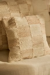 "Beige plaid jute square cushion cover, natural woven texture, geometric pattern, neutral home decor"