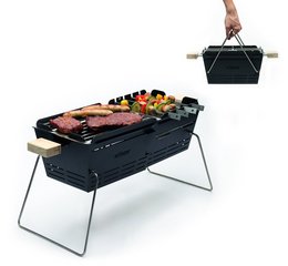 Portable charcoal grill with adjustable grill grate, ideal for outdoor barbecues and picnics. Features a sturdy steel frame and foldable design for easy transport.