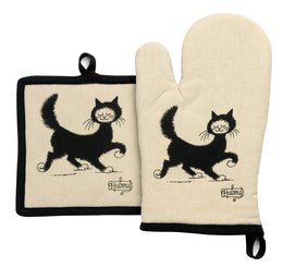 Oven glove and pot holder set with black cat design. Beige color with black cat silhouette. Measures 18 x 28 cm.