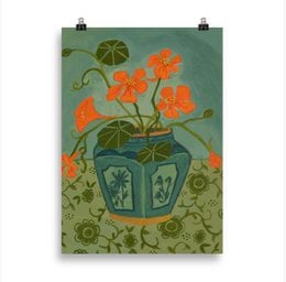 Colorful poster featuring a still life of vibrant nasturtium flowers in a decorative green vase against a green background with floral patterns.