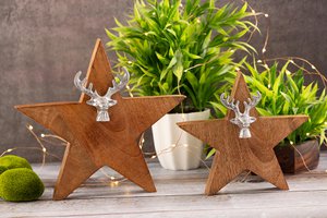 Houten figuur ster 2er set met hertenkop maat 25/19 cm met mango houten aluminium