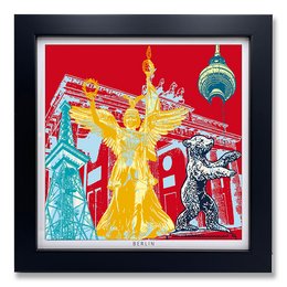 Framed art print featuring a vibrant, colorful depiction of a landmark in Berlin, Germany. The print showcases a golden statue against a red background, with the iconic Berlin TV Tower visible in the background.