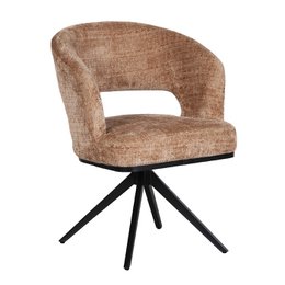  Caramel-colored upholstered dining chair with a curved backrest and swivel base.