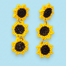  Yellow sunflower pearl drop earrings, black center, floral statement jewelry, three tiered design