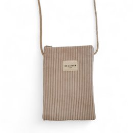  Beige striped smartphone case with leather strap and "De Kleine Mon" label.