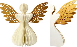 Decorative angel ornament with honeycomb pattern wings in beige and gold colors.