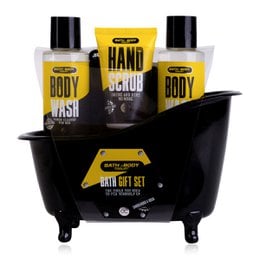 A bath and body gift set containing a body wash, hand scrub, and other grooming products in a decorative bathtub-shaped container. The set includes items for men's personal care and grooming.