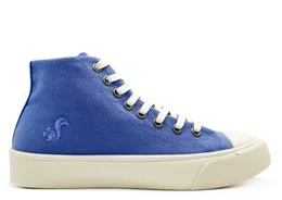 Blue high-top sneaker with vegan indigo dye and lace-up closure.