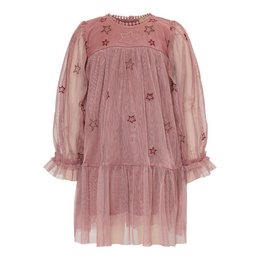 A long-sleeved, knee-length dress in a soft lilac color with delicate floral embroidery and a tiered, ruffled skirt. The dress features a high neckline and puff sleeves, creating a romantic, feminine silhouette.