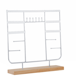  Silver jewelry rack with multiple shelves and hooks for organizing and displaying jewelry.
