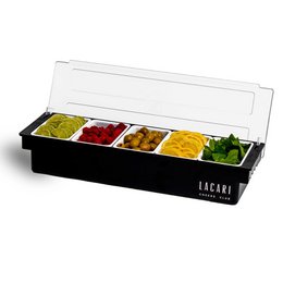 A black plastic storage container with five compartments, each filled with different colored condiments or ingredients. The container has a clear plastic lid and measures approximately 50 cm in length.
