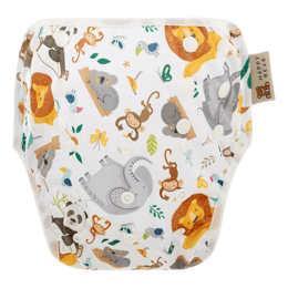 A white swim diaper with a colorful animal print pattern, including various wild animals such as foxes, pandas, and elephants. The diaper features an elastic waistband and leg openings for a comfortable and secure fit.