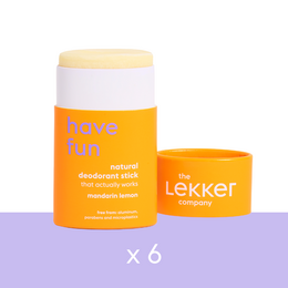  6 pack of orange deodorant sticks with the Lekker brand name. The deodorant is designed to be fun and effective.