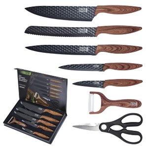 LEBENLANG kitchen accessories knife set 7 pieces with peeler and kitchen scissors - kitchen knife set - knife scissors apartment - chef kitchen accessories black cutting knife sharp