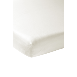 Fitted cot sheet in off-white jersey fabric, available in various sizes for cot mattresses.