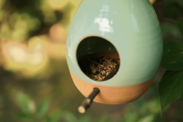  Ceramic bird feeder, round egg shape, mint green and terracotta brown, outdoor garden feeding station