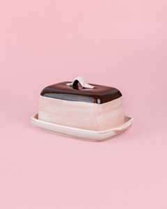 Ceramic Butter Dish - Hand Painted - Pink and Brown - Chocolate