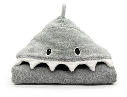 Soft, gray hooded shark-shaped bath poncho for kids, made of organic cotton material.