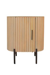  Rectangular wooden bedside table with vertical slat design and single door.