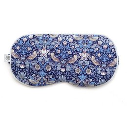 Luxury aromatherapy eye mask in a blue floral 'Strawberry Thief' print pattern, designed for sleep and relaxation.