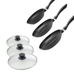 Set of 3 cast aluminum frying pans with glass lids in 20 cm, 24 cm, and 28 cm sizes. The pans have a black non-stick coating and are suitable for all cooktops including induction.