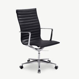  Black leather and chrome office chair with a tall, upright backrest and swivel base.