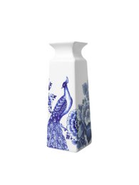 A large square vase with a floral and peacock design in blue and white. The vase has a distinctive square shape and the design features a peacock motif.