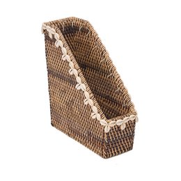  Natural brown woven storage basket with shell accents. Rectangular shape, woven from natural materials, decorative shell details.