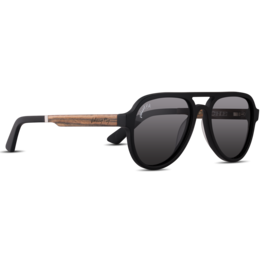 Black and brown aviator-style sunglasses with wooden accents. The sunglasses have a classic aviator shape and are made of a combination of black and brown materials, with wooden accents on the frames.