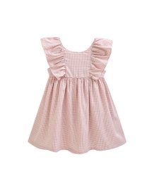  A powder pink gingham dress for girls aged 3-9 years, featuring a ruffled neckline and a flared skirt.