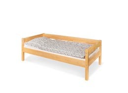 Wooden youth bed with beech wood frame and patterned mattress cover, suitable for children's bedrooms.