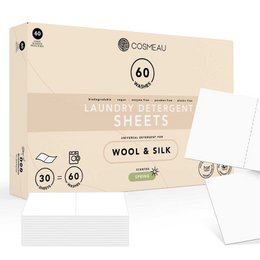 Wool and silk laundry sheets, available in packs of 20 or 60, designed for a gentle and eco-friendly cleaning experience.