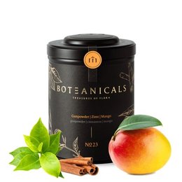 "Gunpowder green tea with cinnamon and mango flavors. The tea leaves are dark green in color with visible pieces of cinnamon and mango."

The product is a gunpowder green tea blend with cinnamon and mango flavors. The tea leaves are dark green in color with visible pieces of cinnamon and mango. This blend would be suitable for those looking for a flavorful and aromatic green tea experience.