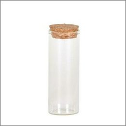 Clear glass test tube with cork stopper, suitable for storage and organization.