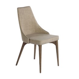 Upholstered dining chair with walnut-colored wooden legs.