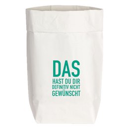 Small white paper bags with turquoise text "DAS HAST DU DIR DEFINITIV NICHT GEWÜNSCHT" (This is definitely not what you wanted).