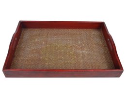 Rectangular wooden tray with a reddish-brown finish and a woven rattan interior. Suitable for serving food or decorative display.