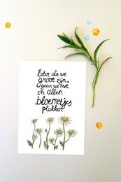 A greeting card featuring a hand-drawn illustration of white flowers and a handwritten message in Spanish that translates to "Flowers are the smiles of the earth." The card is part of the "Cards with Pictures" category.