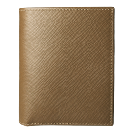 Taupe saffiano leather wallet with 6 credit card slots.