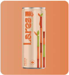  Peach sugarcane juice, tall slim can, orange and cream colored, fruit illustrations, refreshing beverage
