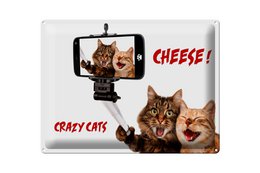 Tin sign with cats taking selfie, red text "CHEESE" and "CRAZY CATS", decorative wall art, metal sign.