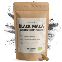  Organic black maca capsules, 500mg per capsule, 100 capsules per package. Maca is a natural superfood known for its nutritional and health benefits.