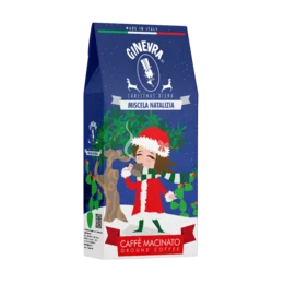 Christmas-themed coffee beans in a 250g package, featuring a festive character on the packaging.