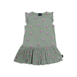 This summer dress for kids features a print of pink flamingos on a light green background. The dress has a ruffled, flowy silhouette and a drop waist. It would be suitable for casual summer wear.