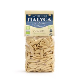  Organic artisanal cavatelli pasta from Italy, made with 100% Italian ingredients. Beige-colored pasta with a traditional shape.