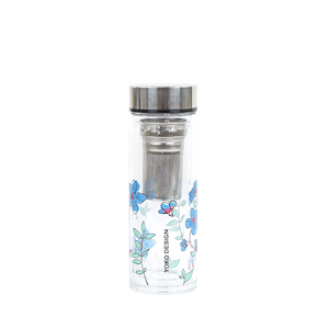 DOPPELWANDIGE GLAS-TEETASSE mit blauen Blumen 350 ML