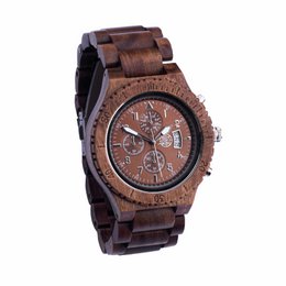 A wooden chronograph watch with a brown dial and a leather strap. The watch has a classic, masculine design and is presented in a brown gift box.