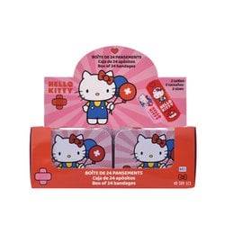 A pink metal box containing 24 first aid dressings featuring the popular Hello Kitty character. The box has a cartoon-style design with Hello Kitty holding medical supplies.