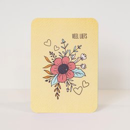 Colorful floral postcard with the text "Well done" and a bouquet of flowers including a large pink daisy-like flower, smaller purple flowers, and green leaves.